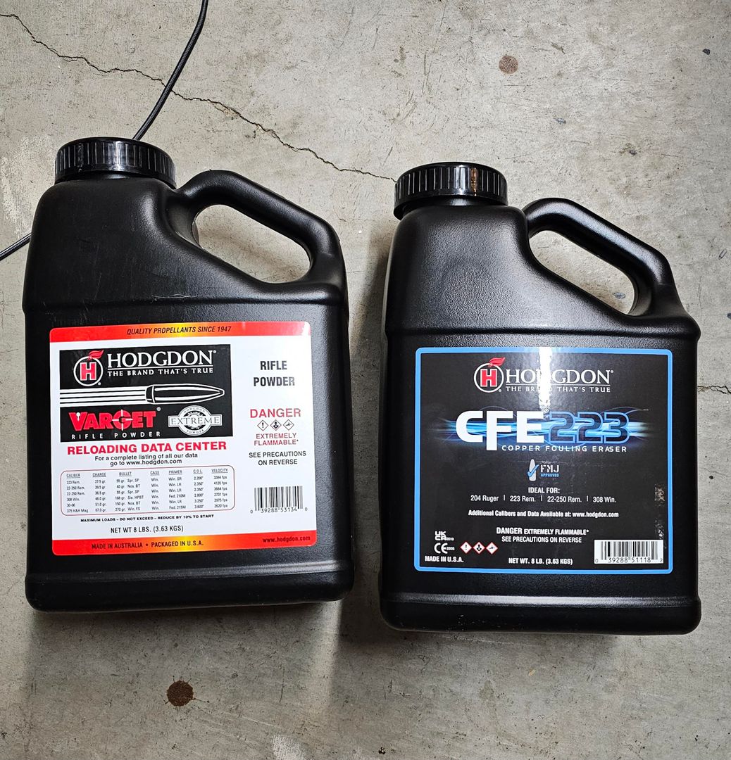 Hodgdon CFE 233 and Hodgdon Varget (sealed 8lbs)